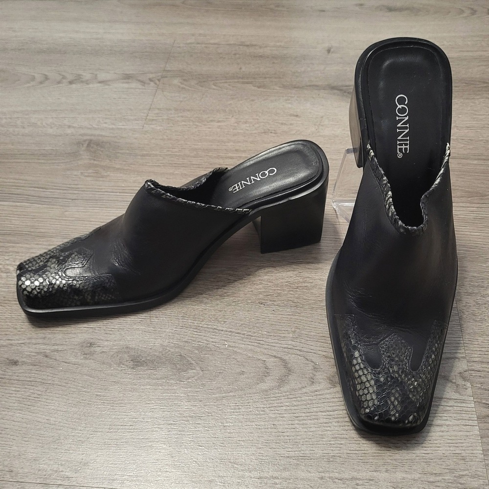 Connie Western Black Leather Snakeskin Square Toe Block Heel Mules Size 8 Fall